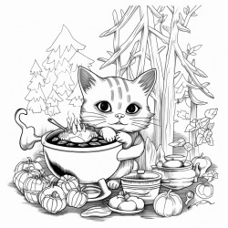 a cat cooking in the forest
