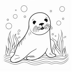 kids coloring page with sealion black and white simple line art style minimalist drawing white background style raw