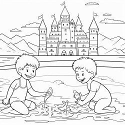 des enfants qui jouent  la plage avec divers jouets et un chateau de sable