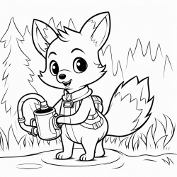 a fox holding a fire hose in the forest