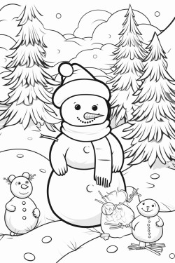 christmas snowman with animals in the forest