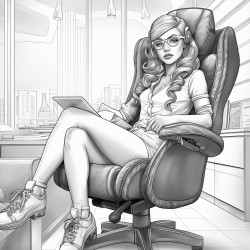 1 elf woman wearing short shorts sitting in office chair in executive apartment facing viewer