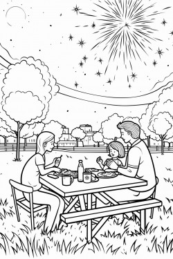 family picnicking in a park while fireworks are in the sky