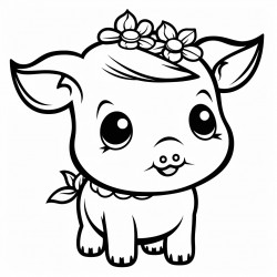 chubby kawaii piglet with a curly tail and a flower behind its ear