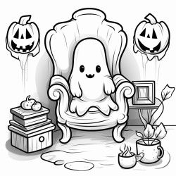 a cute ghost in a witchcrafting room sitting down on a armchair