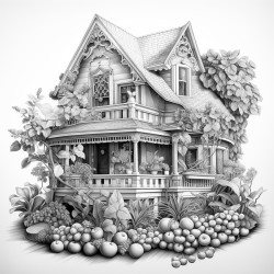greyscale house made out of fruit