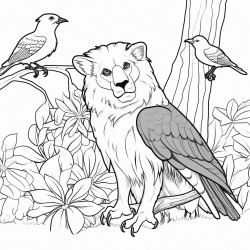 lion in a rainforest with a parrot and a lizard