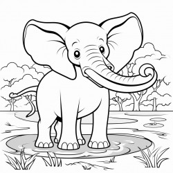 a cute elephant with large ears and a curved trunk standing near a waterhole