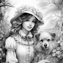 a girl wearing old fashioned traditional clothes like an old frilly bonnet playing with a dog in a beautiful forest