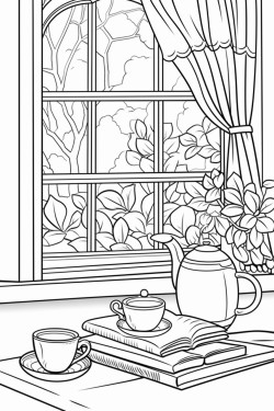 a cute tea time by the window coloring bookvector white background black and white black drawing coloring page