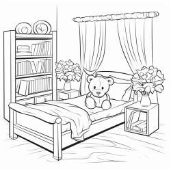 create a scene teddy in bed reading book bedroom has book shelf and leaves vine hanging