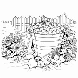 a vegetable garden with bees a compost pile with food waste outside the garden and flowers