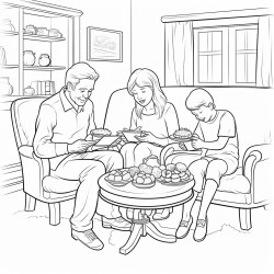 coloring page with grandparents drinking coffee and eating pastries in a cozy living room with their grandchildren