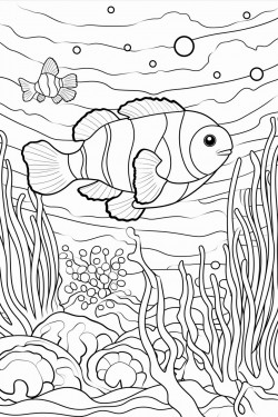 a vibrant clownfish swimming among colorful coral reefs and sea anemones with bubbles rising around it