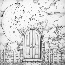 una puerta abierta hacia un horizonte luminoso con detalles de estrellas alrededor