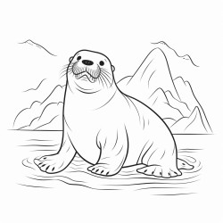 kids coloring page with walrus black and white simple line art style minimalist drawing white background style raw