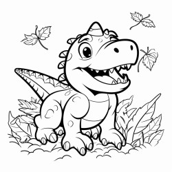a trex playing in a pile of autumn leaves