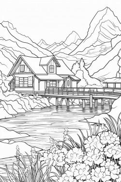 swiss countryside with a quaint stone house surrounded by flowers wooden dock extending into a lake