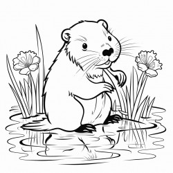beaver chewing on stick in a stream with meadow