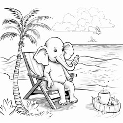 ein elefant trgt einen schwimmreifen und sitzt in einem klappstuhl am strand