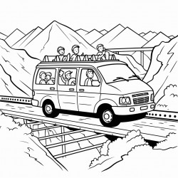 a van crossing a bridge some kids on the van