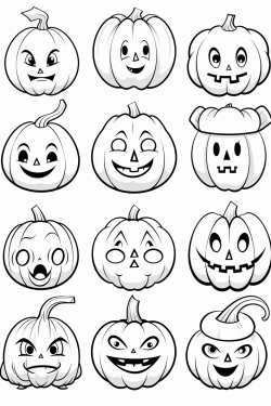 draw a variety of pumpkins with different facial expressionshappy silly spooky and surprised