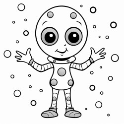 polka dotted alien with three orange eyes a green body 2 arms with 4 fingers 2 legs and short stuck at an airport
