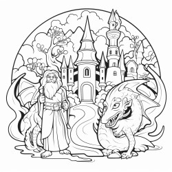 a fantasy world with a dragon and a wizard