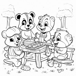 five cute little cartoon animals having a picnic together