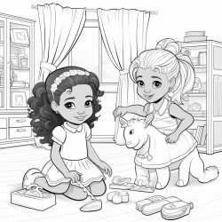 two little beautiful african american toddles with ponytails and bows playing with toys in a beautiful girly bedroom coloring page