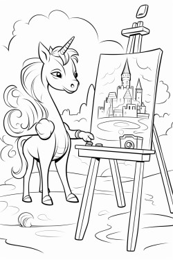 a unicorn drawing a picture of a frog on a easel with a castle in the background