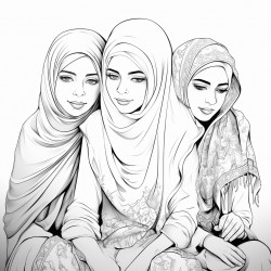 2 beautiful hijabi girls wearing flowing dresses sitting one girl has her head on the other girls shoulder