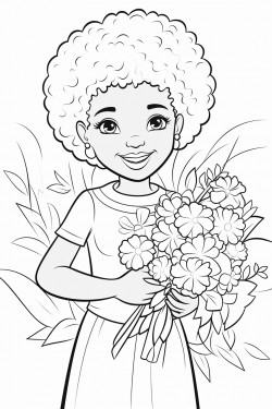 a black girl with a radiant smile holding a bouquet of flowers in a garden