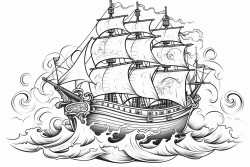 pirate ship on ocean with hourglass symbol