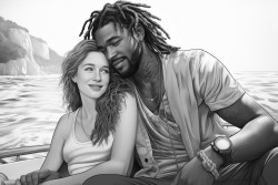 one black man with dreads holding a white woman with blondebrown hair on a boat with the sea in the back