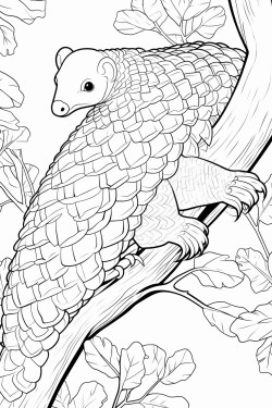sunda pangolin climbing a tree in a forest its long tail wrapped around a branch with vines and leaves in the background