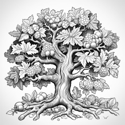 a majestic oak tree with branches full of multicolored leaves with acorns scattered at its base