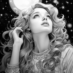 a girl looking up at a star filled sky with an angel behind her and putting a hand on her shoulder for comfort