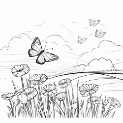 butterflies flying through a flower field with a sunset