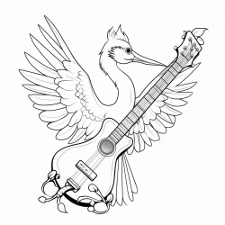 a crane with wings extended holding a guitar