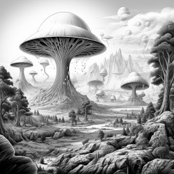 mushroom planet with alien dinosaurs running across and landscape where a volcano is erupting in the background