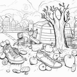 zoomed out picture of a park with 4 pieces of garbage hidden around the park an apple core old boot used pop can and candy wrapper