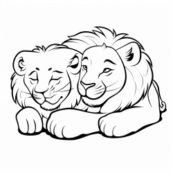 a simplified goofy accurate cartoon lion and lioness couple closed eyes sleeping vector no acessories black and white for coloring no shadows