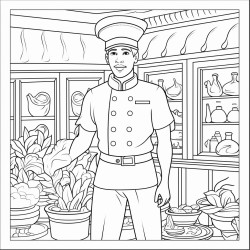 bw coloring book page line art solid white background featuring a doctor chef fire fighter waiter shop assistant teacher