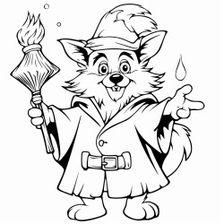a wolf wearing a wizard hat casting spells with a wand