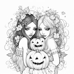dark animation of two girls wearing pumpkin heads one holding a females head in her hands