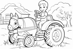 un cheval qui conduit un tracteur