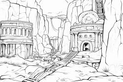 delapidated temple with clockwork features around it hidden in a box canyon