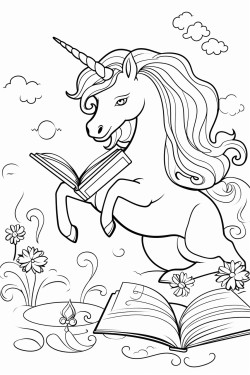 unicorn reading a book in a magical world