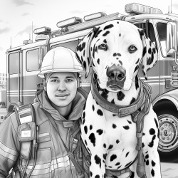 firefighter and dalmatian dog standing in front of fire truck